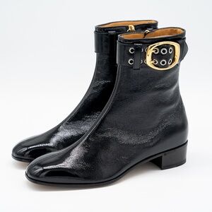 size 8G 8.5 US Gucci Black Patent Leather Buckle Ankle Boots Men Zip Closure